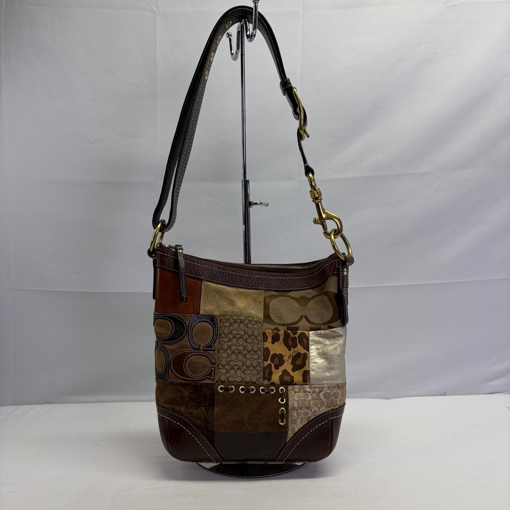 Y2K Coach Patchwork Shoulder Bag F12840 M Brown Multi Signature Leopard Boho